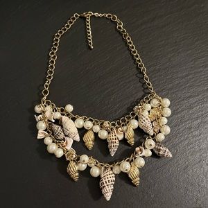 Seashells and Faux Pearl Double Strand Charm Necklace